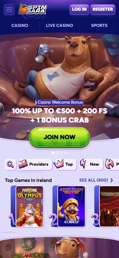 Spinbara Casino home screen on a mobile phone