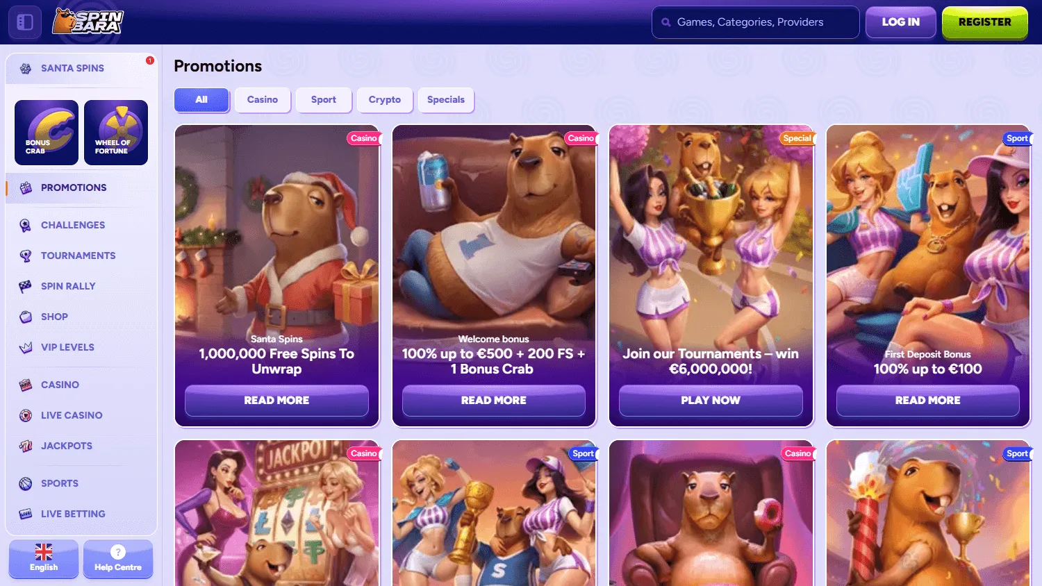 Spinbara Casino promotions screen on desktop