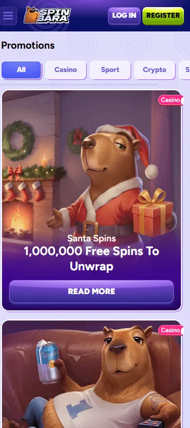 Spinbara Casino promotions screen on a mobile phone