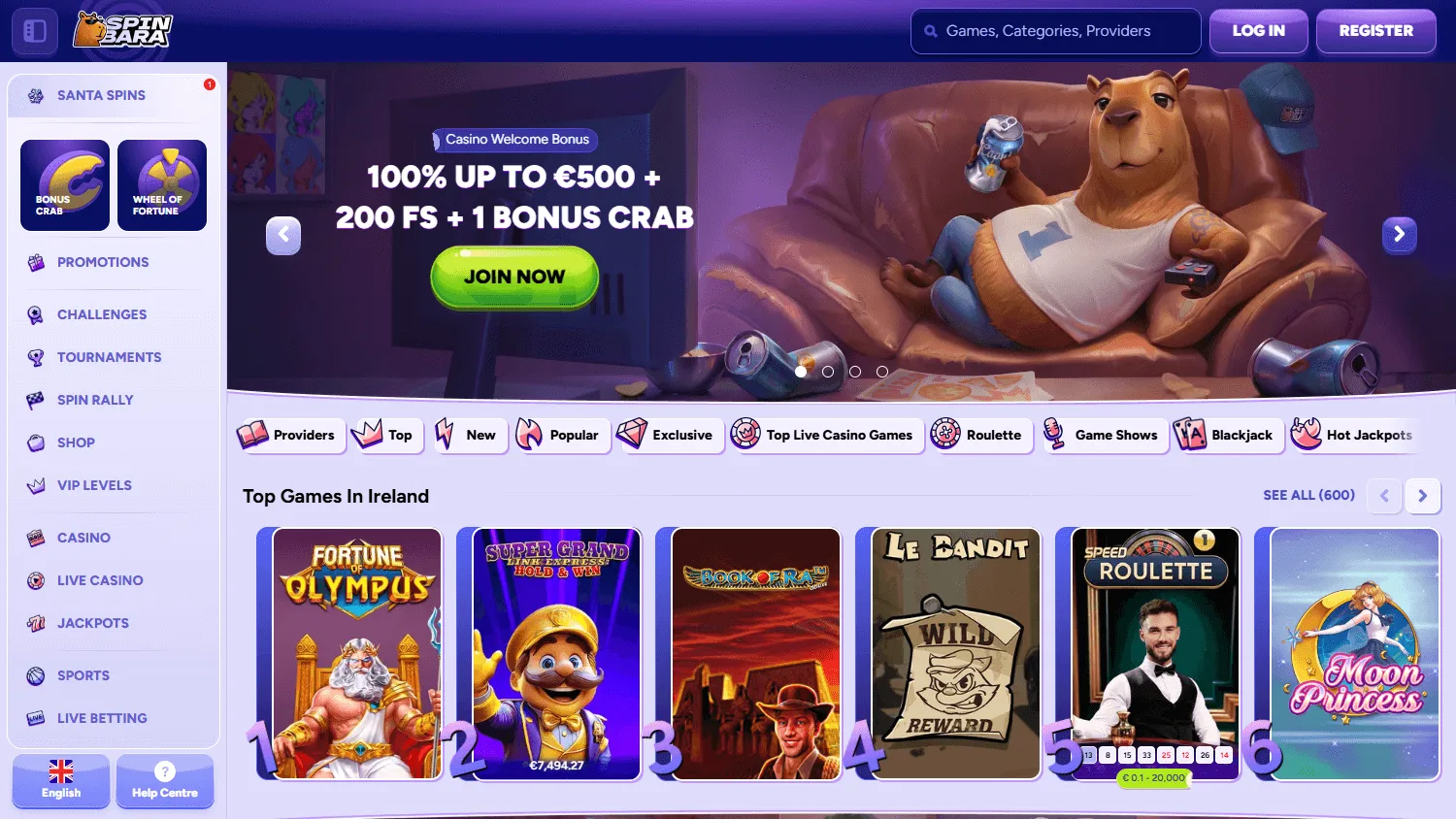 Spinbara Casino home screen on desktop