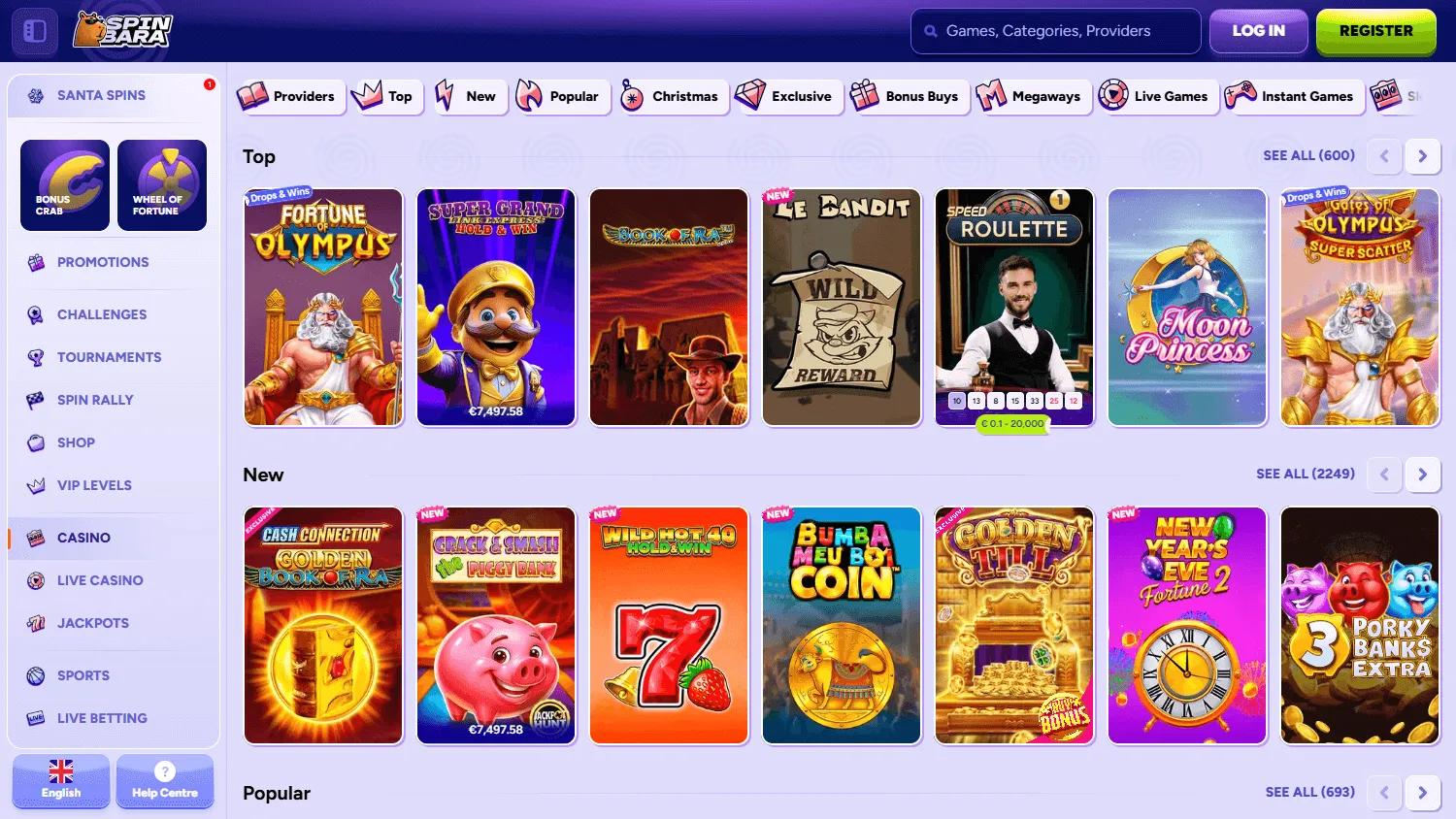 Spinbara Casino games screen on desktop