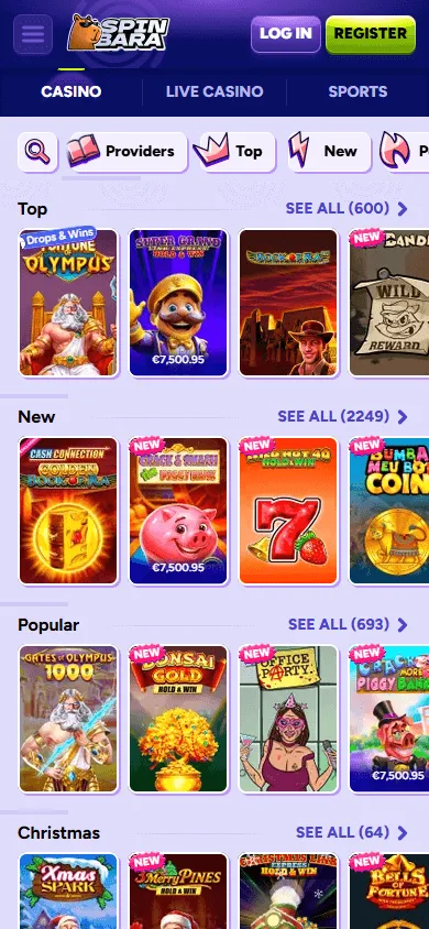 Spinbara Casino games screen on a mobile phone